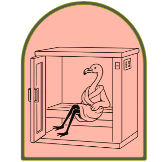 A cartoon drawing of a swan with human legs sitting inside an animal recovery or rehabilitation crate.