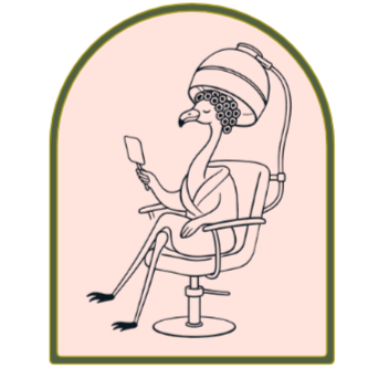 A turkey sitting in a salon chair under a hairdryer, holding a mirror.