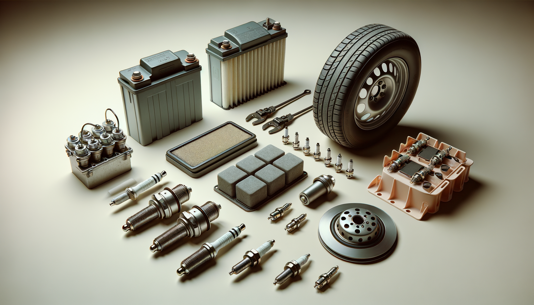 Car parts and tools including a tire, batteries, spark plugs, a brake rotor, filters, and various electronic components arranged on a plain surface.