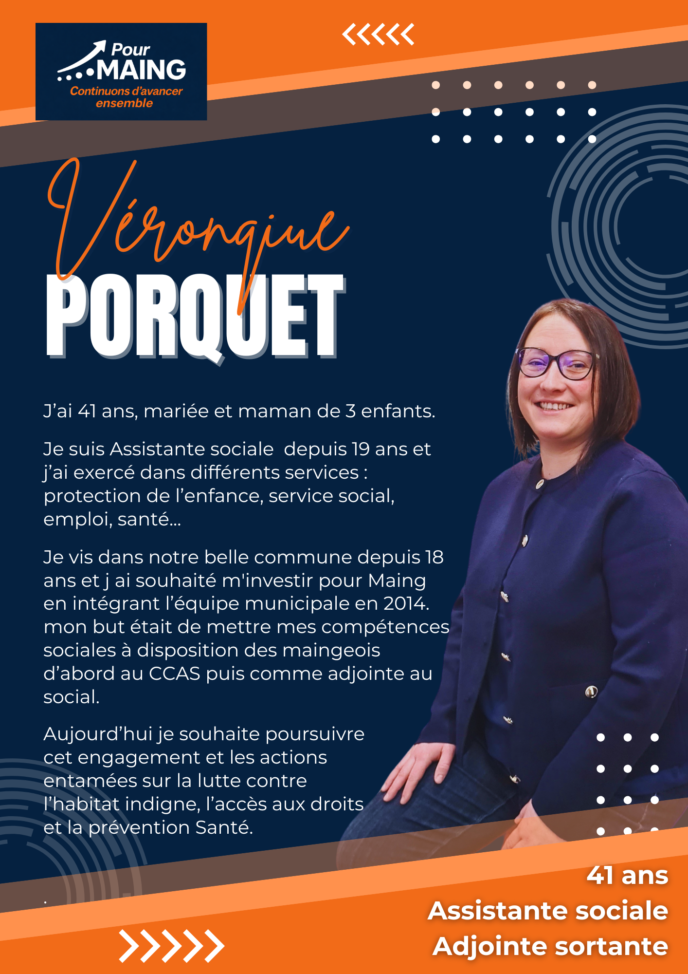Affiche politique avec une photo de Véronique Porquet, une femme souriante portant des lunettes, en costume bleu. Texte décrivant ses antécédents professionnels et ses ambitions politiques, avec des éléments graphiques en jaune, orange et blanc sur u