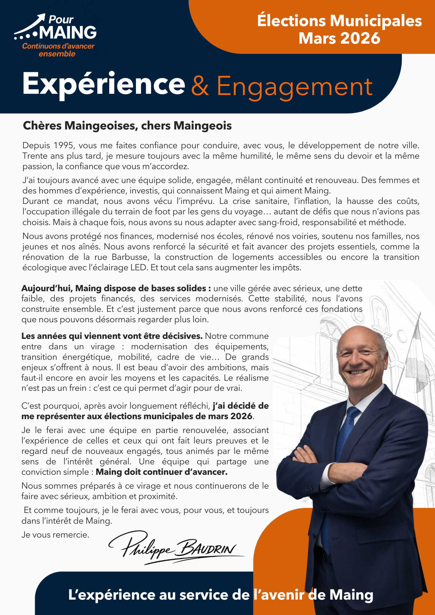 Affiche électorale pour les élections municipales de mars 2026 à Maing, avec un homme en costume bleu, bras croisés, souriant, sur fond blanc avec esquisses d'architecture, logo de la ville, et textes en français.