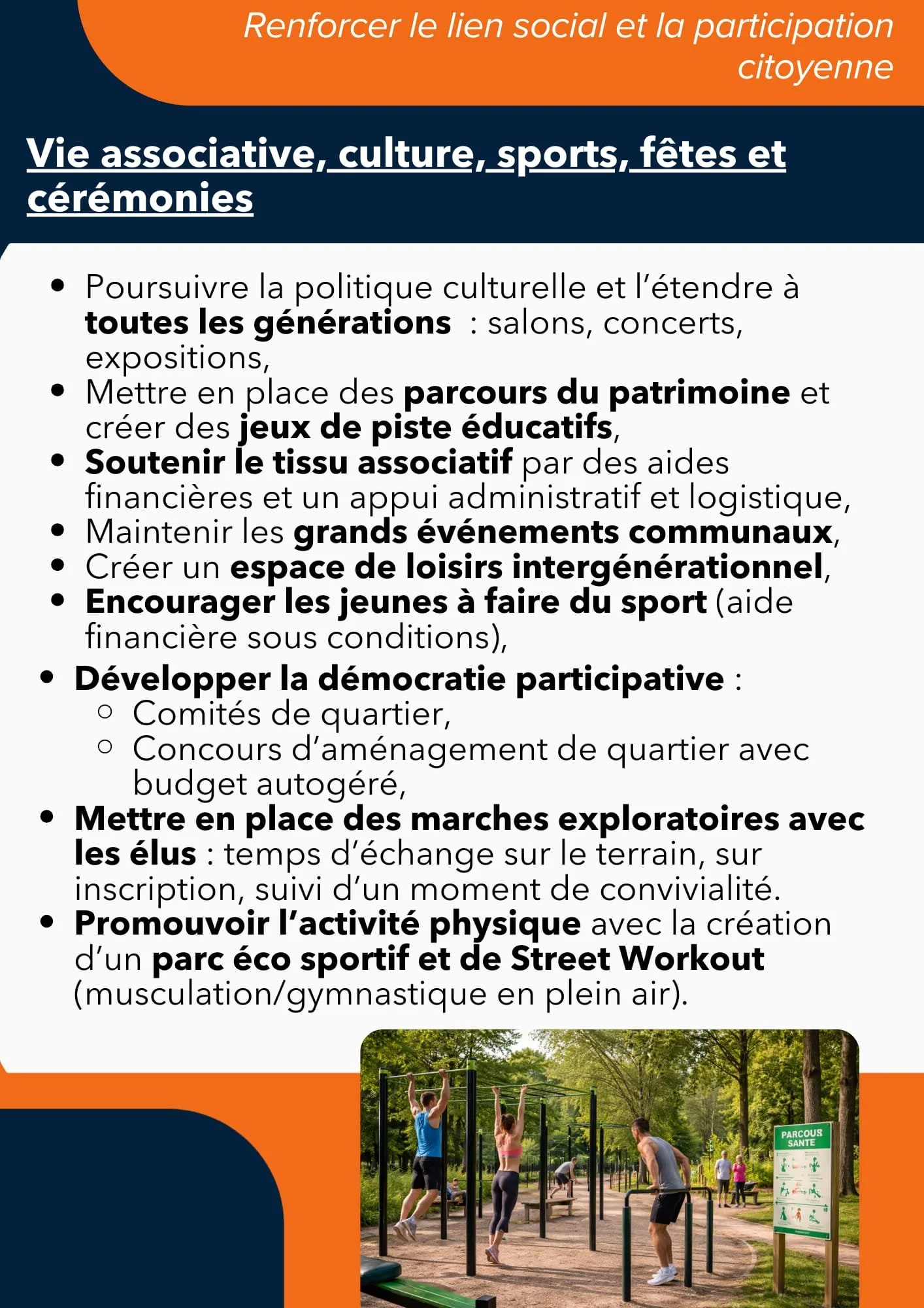 Une affiche promotionnelle pour renforcer le lien social et la participation citoyenne, avec une photo en bas montrant des jeunes utilisant un parc de fitness en plein air, entouré d'arbres et de gens.