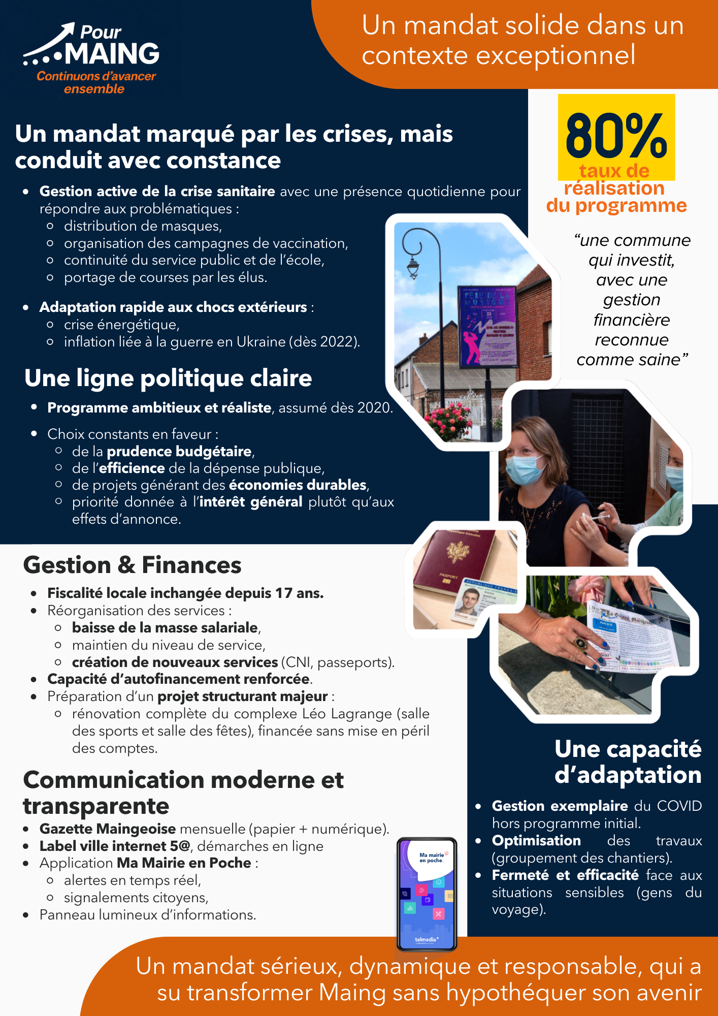 Infographie présentant les priorités et réalisations de la commune de Maing, avec des sections sur la gestion de crise, la politique, la gestion financière, la communication, et l'adaptabilité, illustrée par des images de vaccination, un panneau d'af
