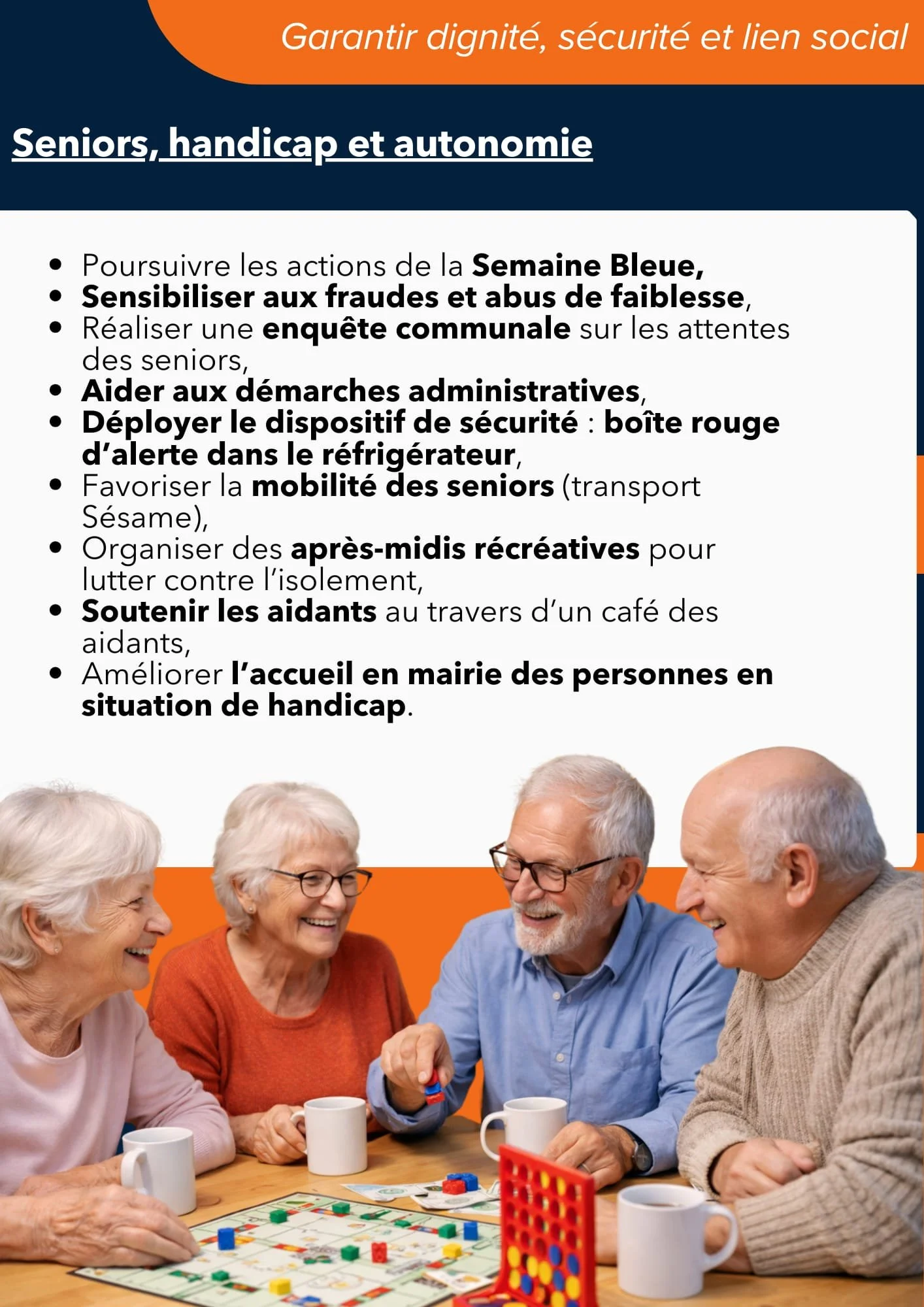 Une affiche avec des conseils pour les seniors, le handicap et l'autonomie, accompagnée d'une photo de quatre personnes âgées jouant à un jeu de société et riant autour d'une table avec des tasses.