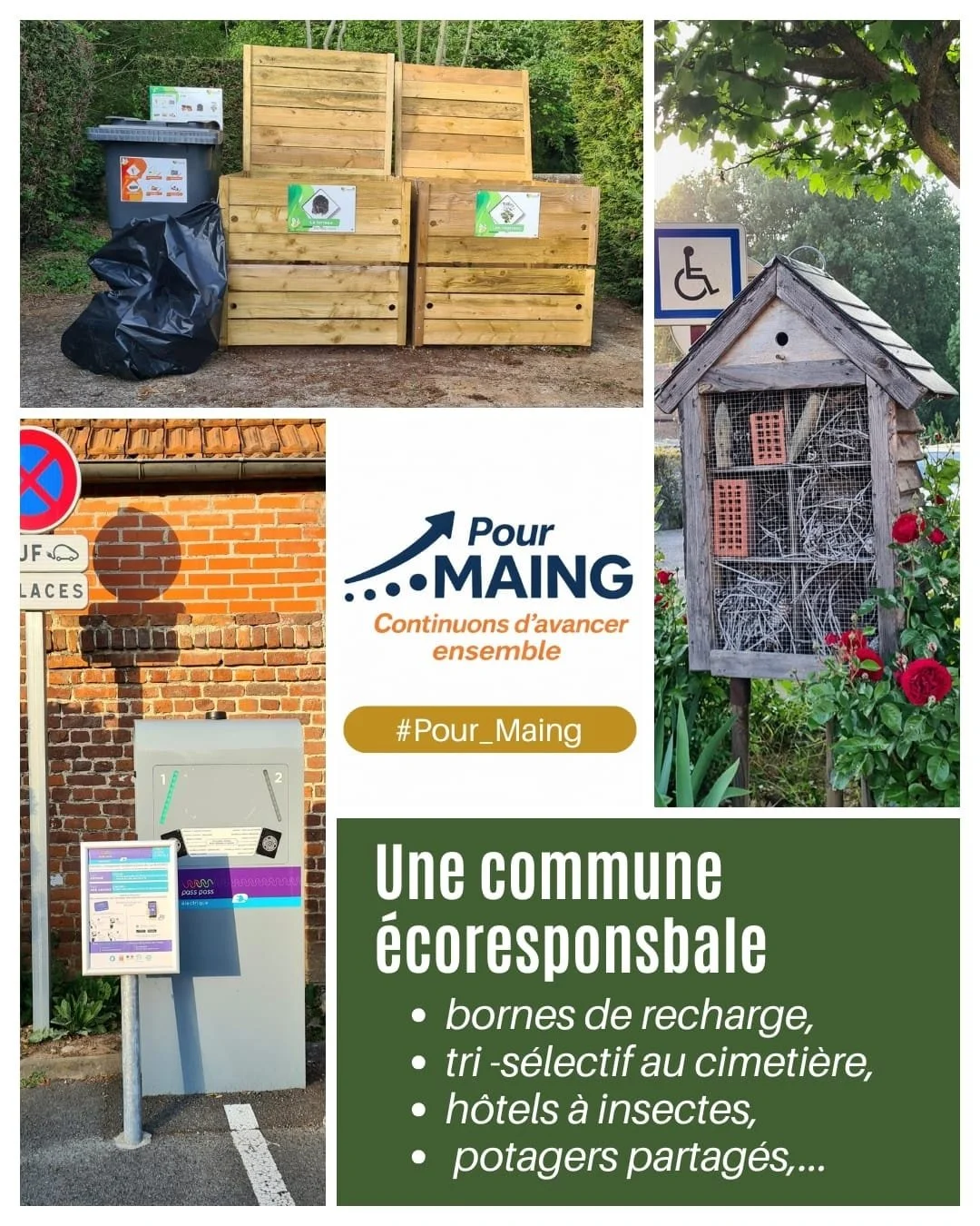 Affiche promotionnelle d'une commune écologique avec images de poubelles de tri, de stations de recharge, d'un mobilier de collecte de déchets, et d'une cabane à vélo en bois, avec texte en français sur la gestion des déchets, de la recharge, et des initiatives durables.