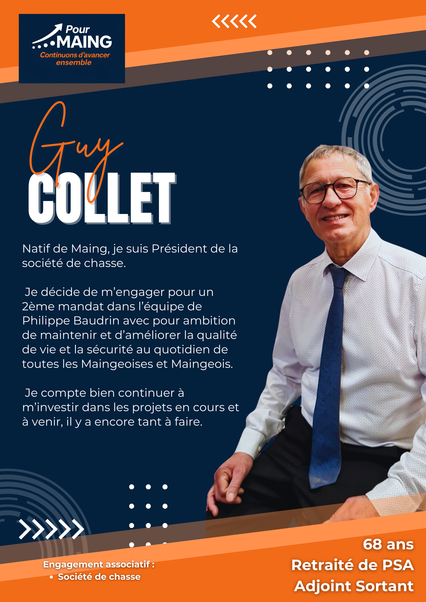 Affiche politique présentant Guy Collet, candidat à Maing, ancien chasseur, président de société de chasse. Photo de Guy Collet en chemise et cravate, portant des lunettes, souriant. Introduction de son engagement, âge 68 ans, retraité du PSA, adjoin