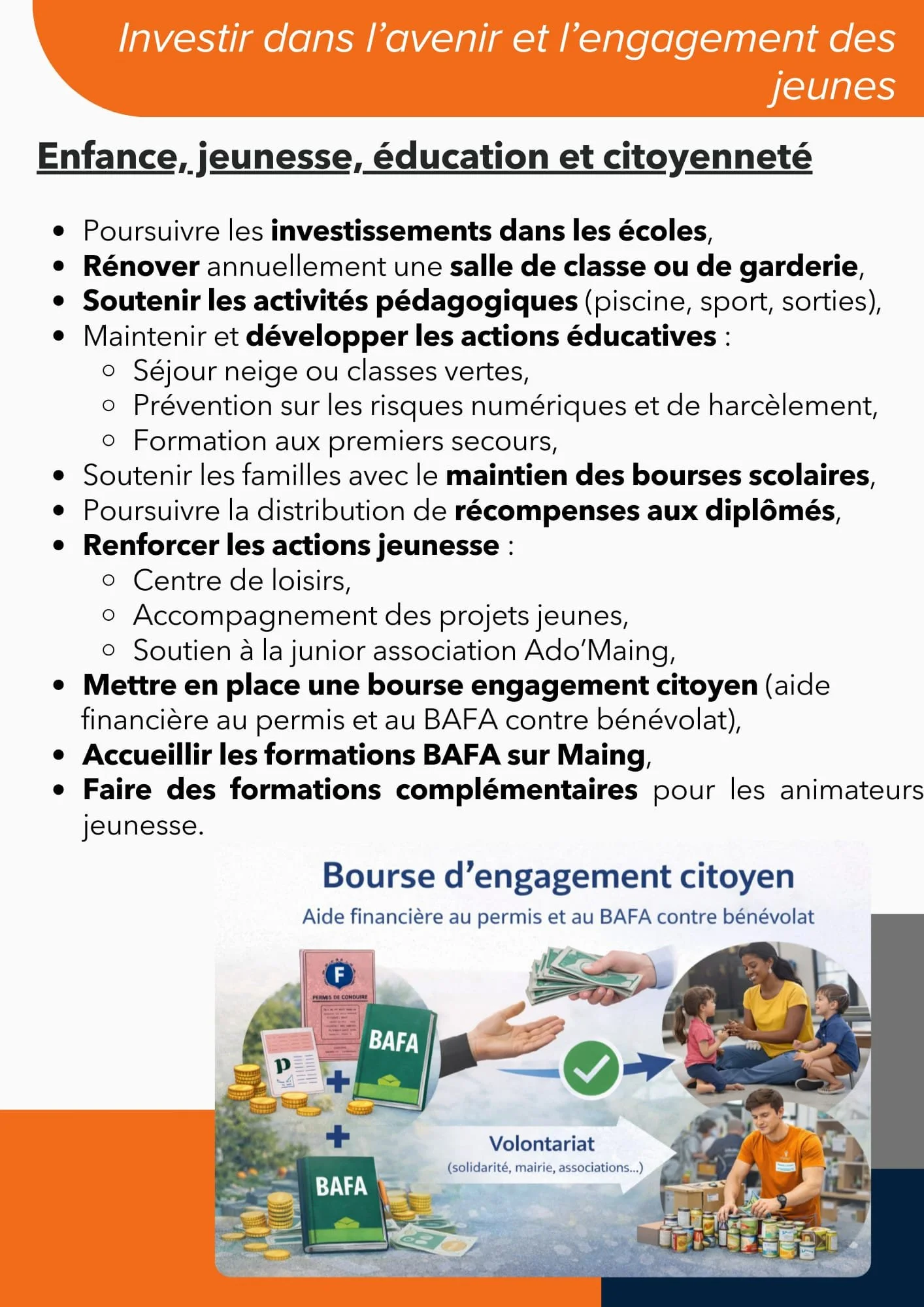 Flyer informatif sur l'investissement dans l'avenir des jeunes, comprenant des initiatives pour l'enfance, la jeunesse, l'éducation et la citoyenneté, avec une section sur la bourse d'engagement citoyen.