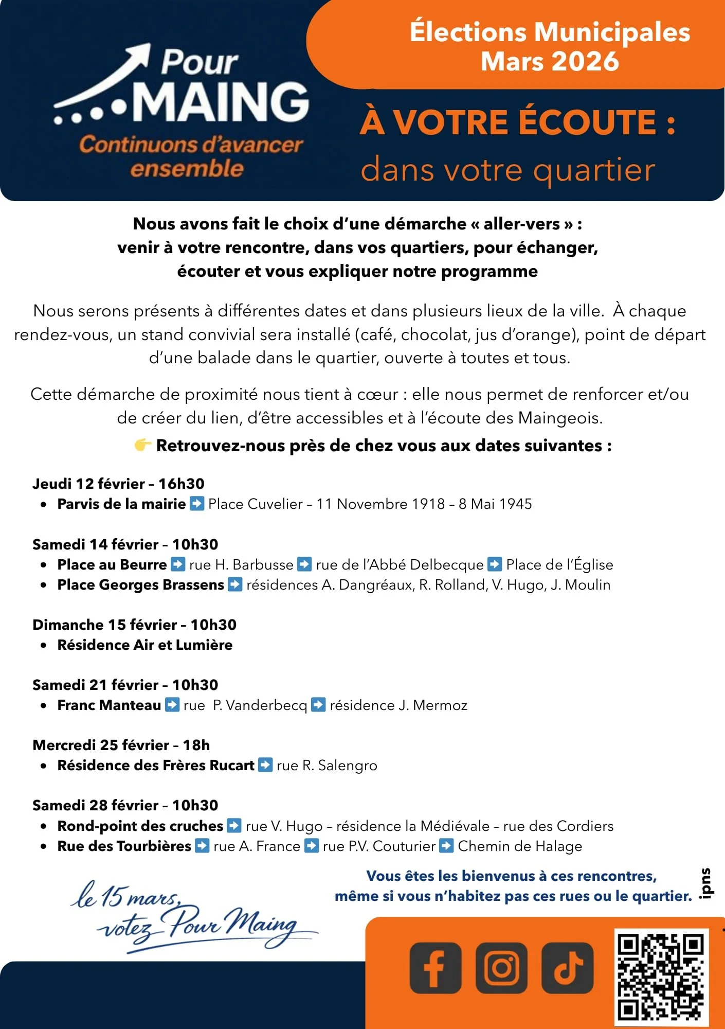 Affiche d'informations sur les élections municipales de mars 2026 à Maing, avec dates, lieux et horaires des rencontres dans le quartier, logos de réseaux sociaux et QR code.