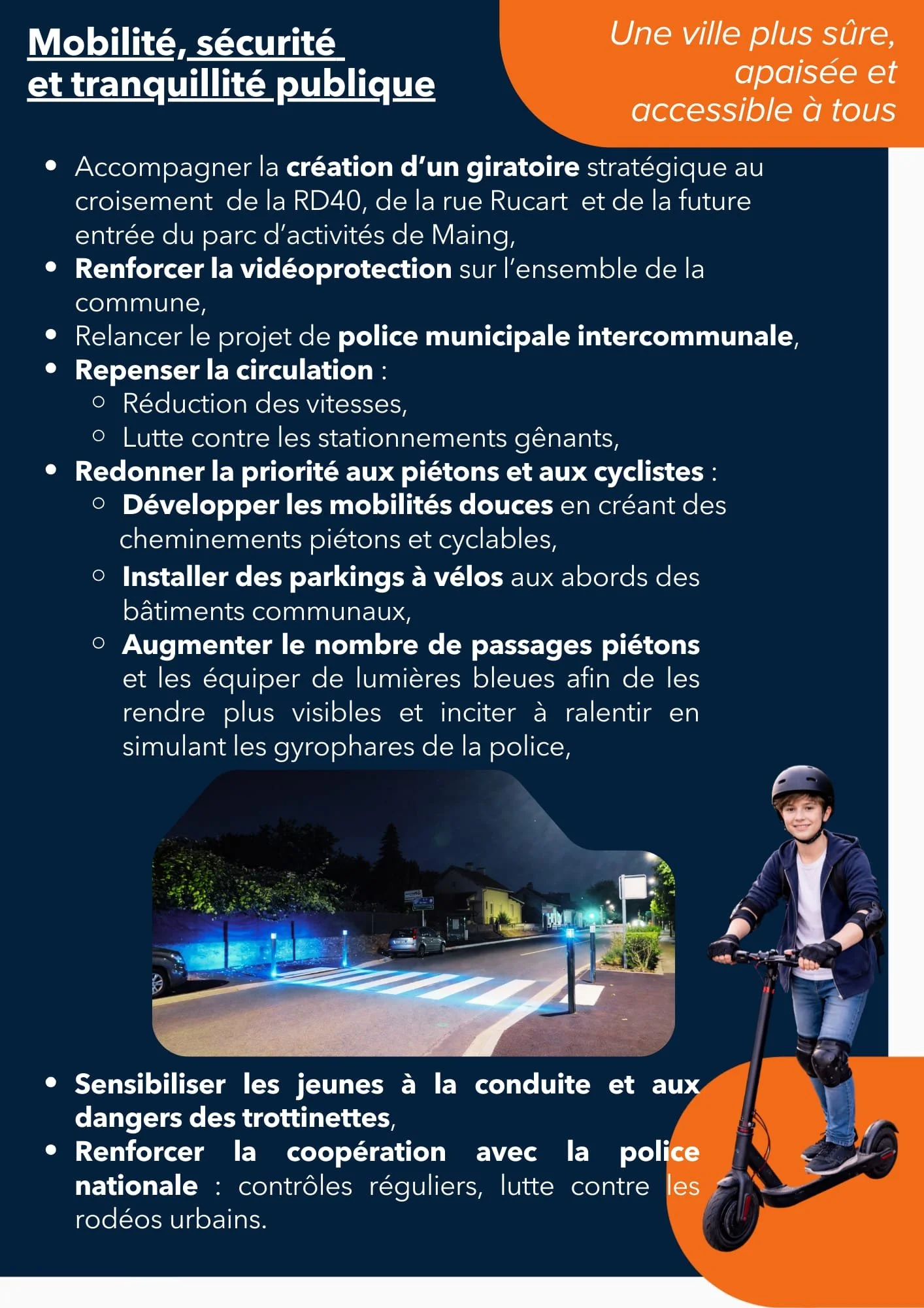 Affiche de sensibilisation à la sécurité publique with texte en français et une image d'un enfant en vélo avec un casque, et une photo d'une route nocturne illuminée avec des lumières bleues.