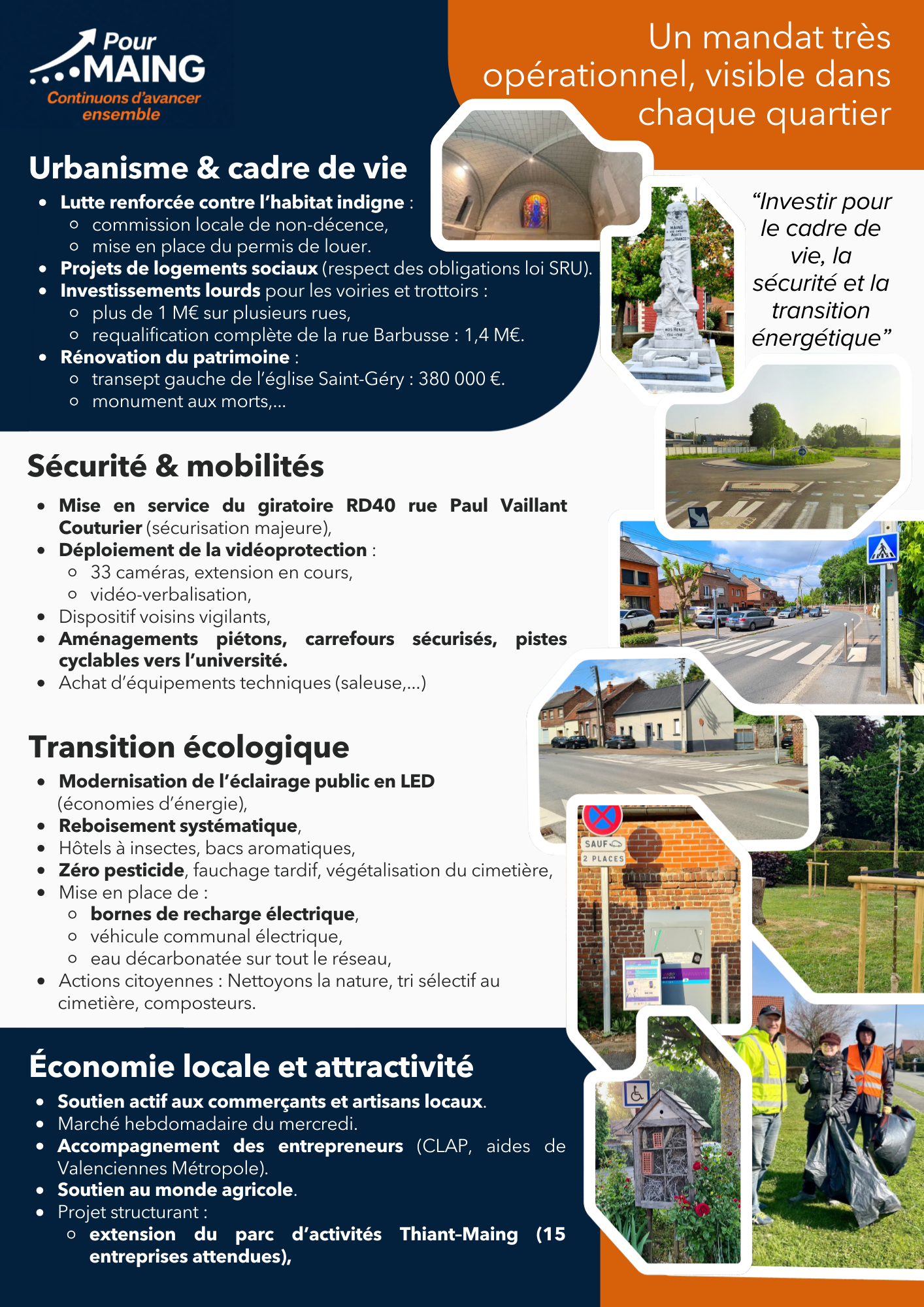 Infographie présentant les priorités et projets pour le quartier de Liant-Maing, incluant urbanisme, sécurité, transition écologique, économie locale et attractivité, avec des images de bâtiments, travaux publics et environnement.