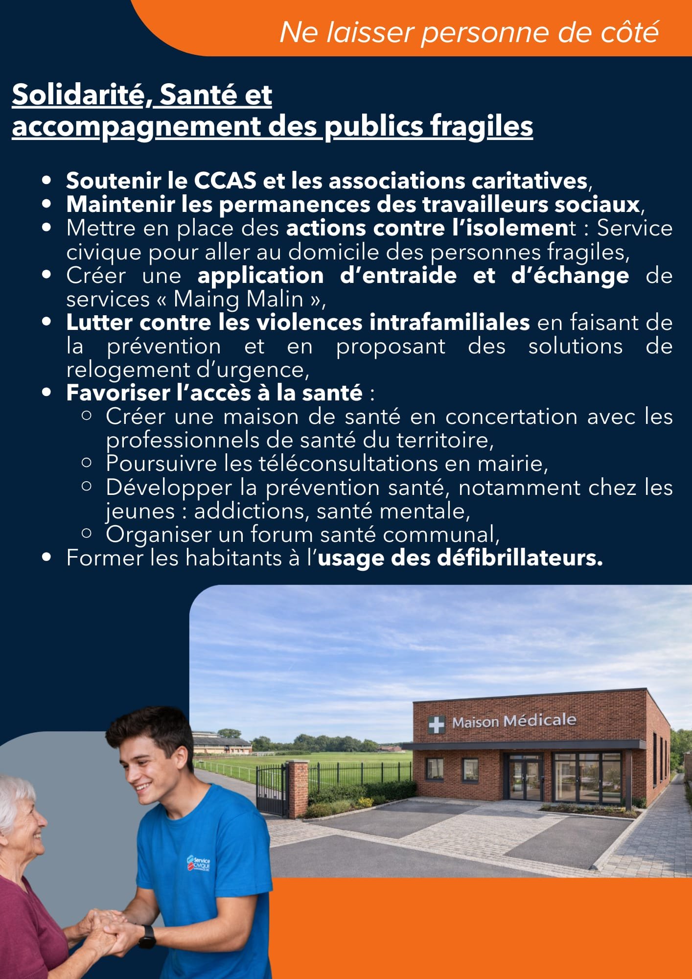 Une affiche informant sur la solidarité, la santé et l'accompagnement des publics fragiles, avec une photo d'un centre médical et une interaction entre un jeune professionnel de santé et une personne âgée.
