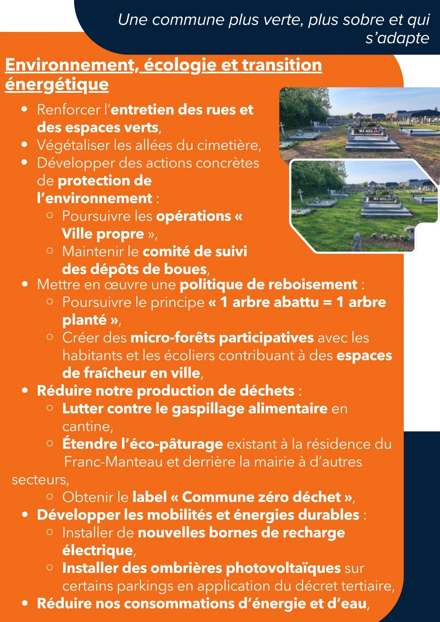Affiche politique environnementale avec deux photos de cimetière montrant différence de verdissement