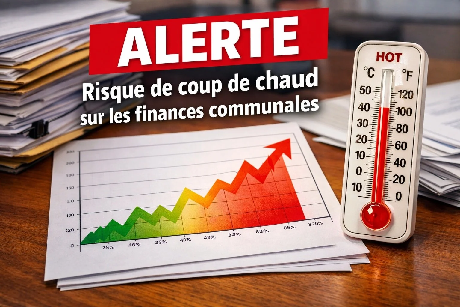 Alerte sur le risque de coup de chaud sur les finances communales, avec un thermomètre indiquant une forte chaleur et un graphique montrant une croissance.