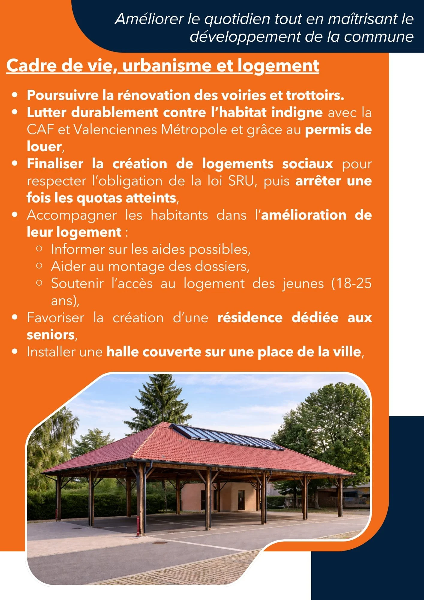 Affiche avec texte en français sur l'amélioration de la vie urbaine et de l'habitat, accompagnée d'une photo d'une halle couverte en plein air avec un toit en tuiles rouges, située dans un environnement verdoyant.