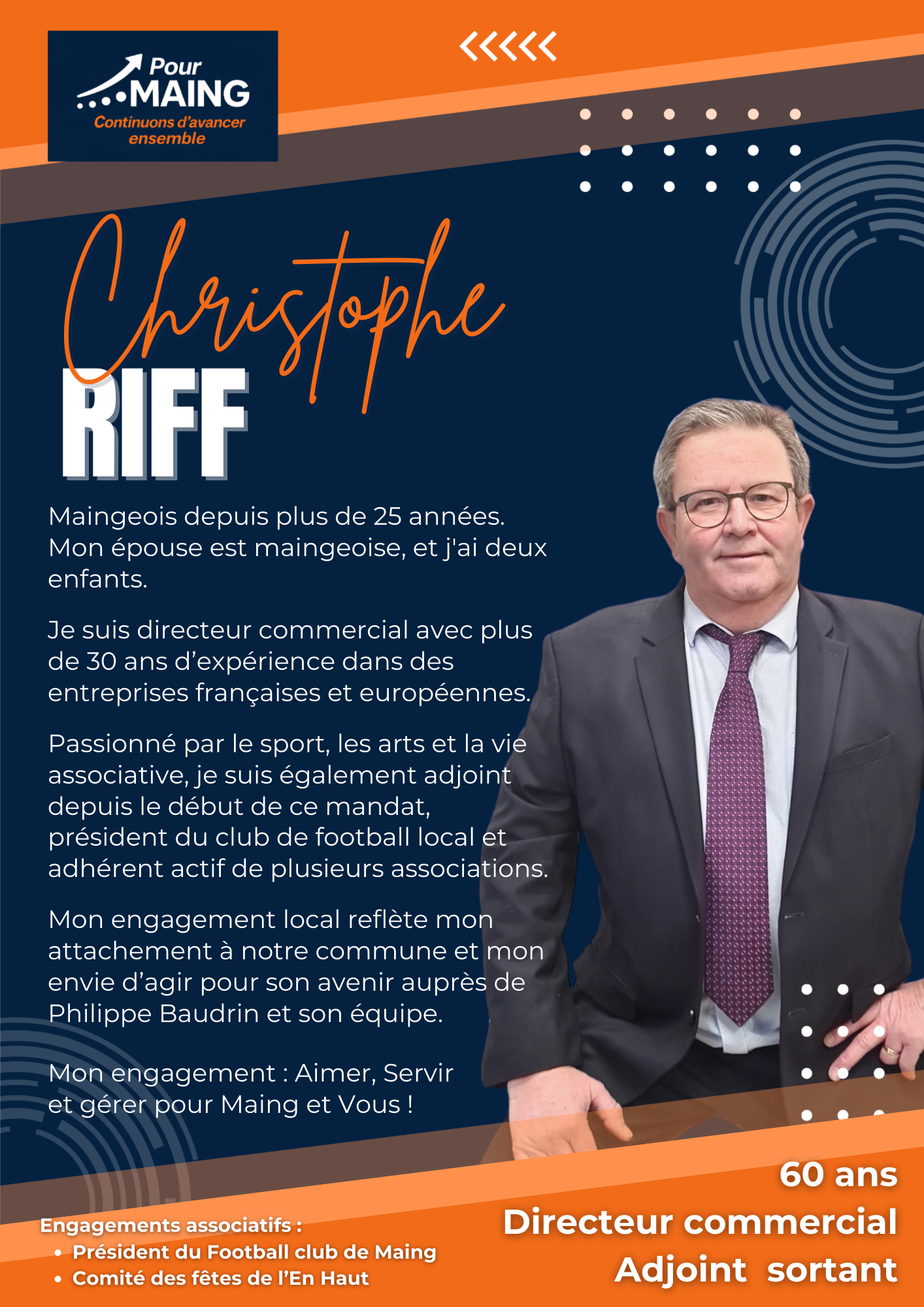 Une affiche de campagne électorale pour Christophe Riff, candidat au poste de directeur commercial, avec une photo de lui en costume, profil sérieux. Texte en français décrivant sa carrière, ses passions, et son engagement local, avec ses 60 ans et s