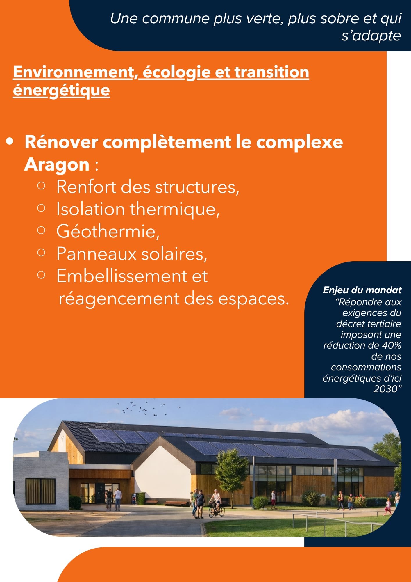 Document avec titre sur l'environnement, l'écologie et la transition énergétique, contenant une liste d'actions pour rénover le complexe Aragon, et une image d'un bâtiment moderne avec des panneaux solaires sur le toit et des personnes à l'extérieur.