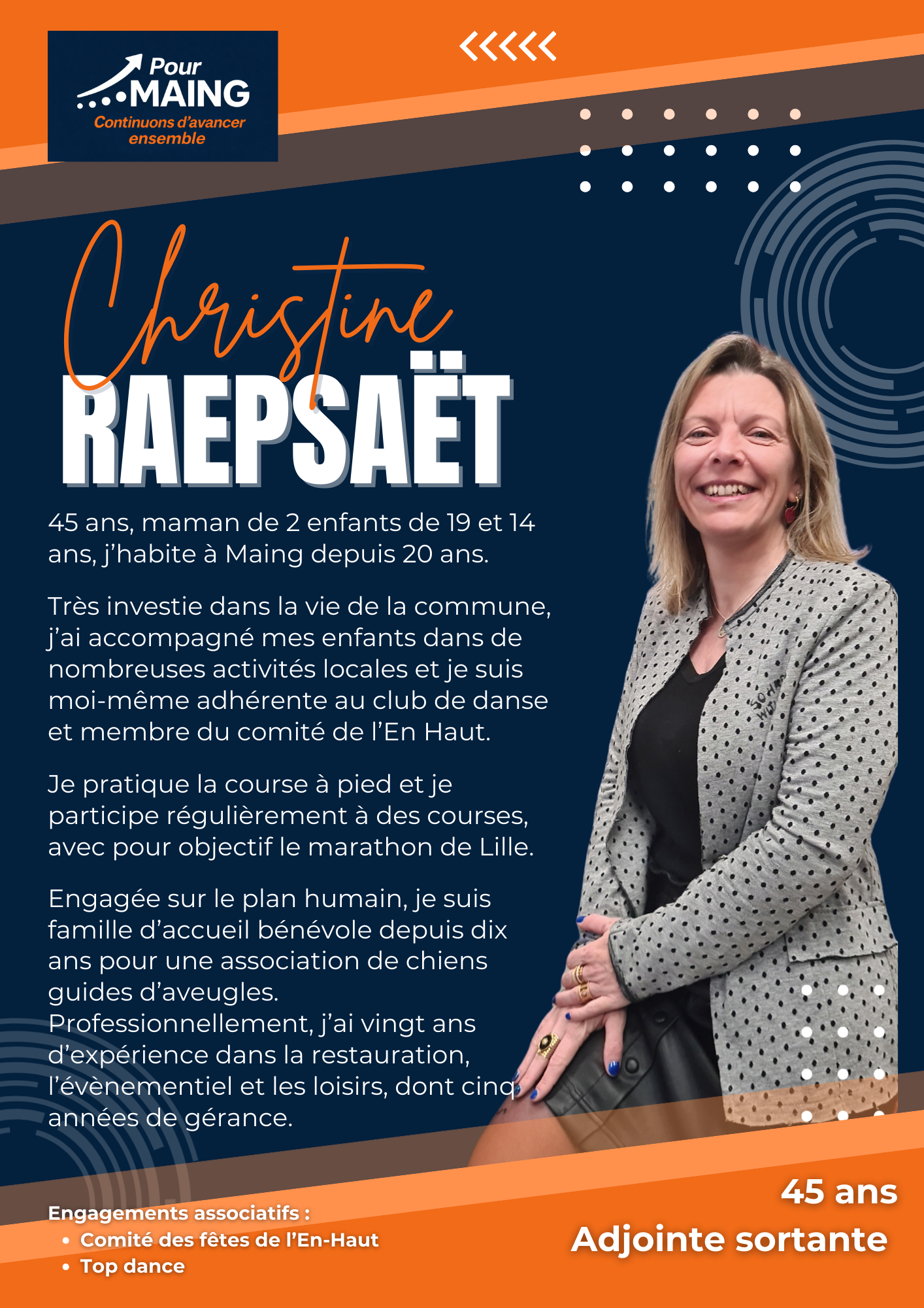 Une affiche de présentation d'une candidate nommée Christine Raepsaet, âgée de 45 ans, avec une photo d'elle souriante, portant une veste à pois. L'affiche contient des informations biographiques et d'engagement, avec les logos et couleurs associées 