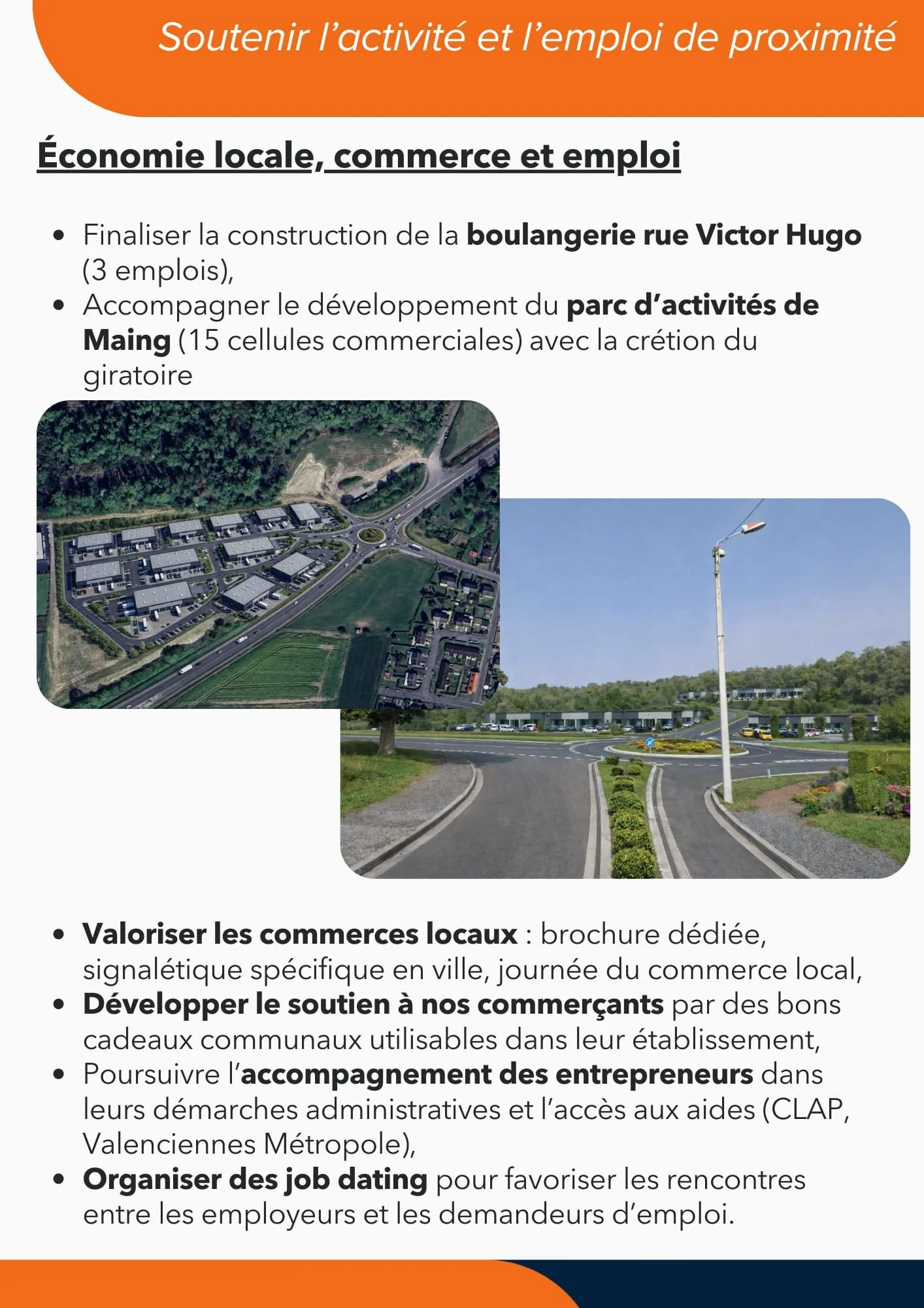 Page d'informations sur le soutien à l'activité locale, comprenant des illustrations d'un centre commercial et d'une zone de circulation routière.