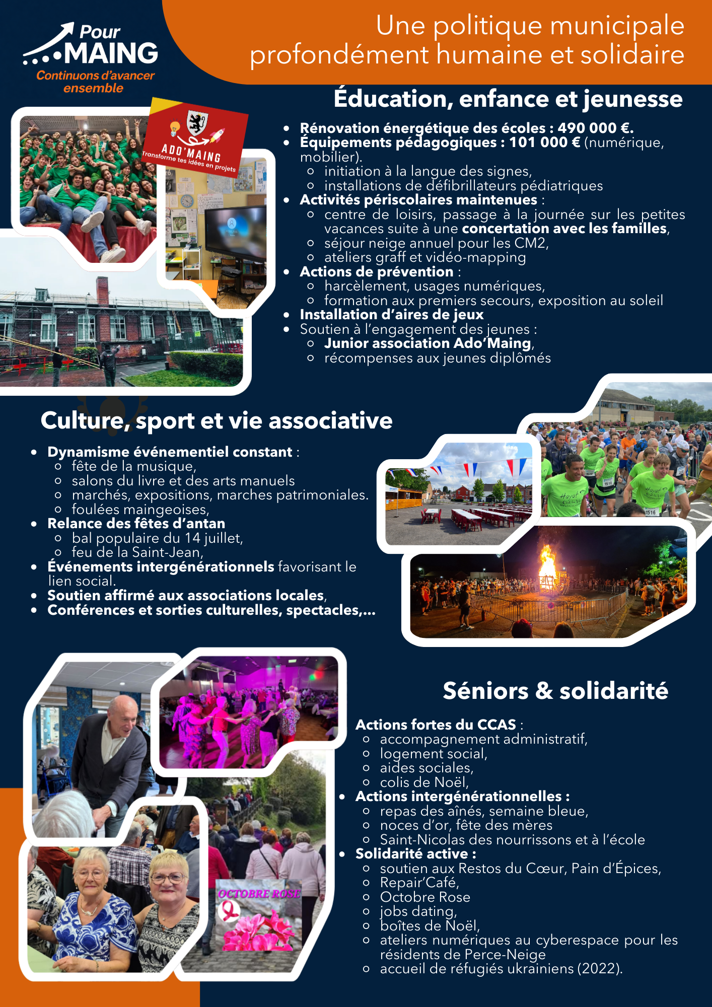 Une affiche présentant les initiatives de la commune de Maing, incluant des programmes pour l'éducation, la jeunesse, la culture, le sport, la solidarité, et l'engagement des seniors, avec plusieurs photos d'événements et de personnes.
