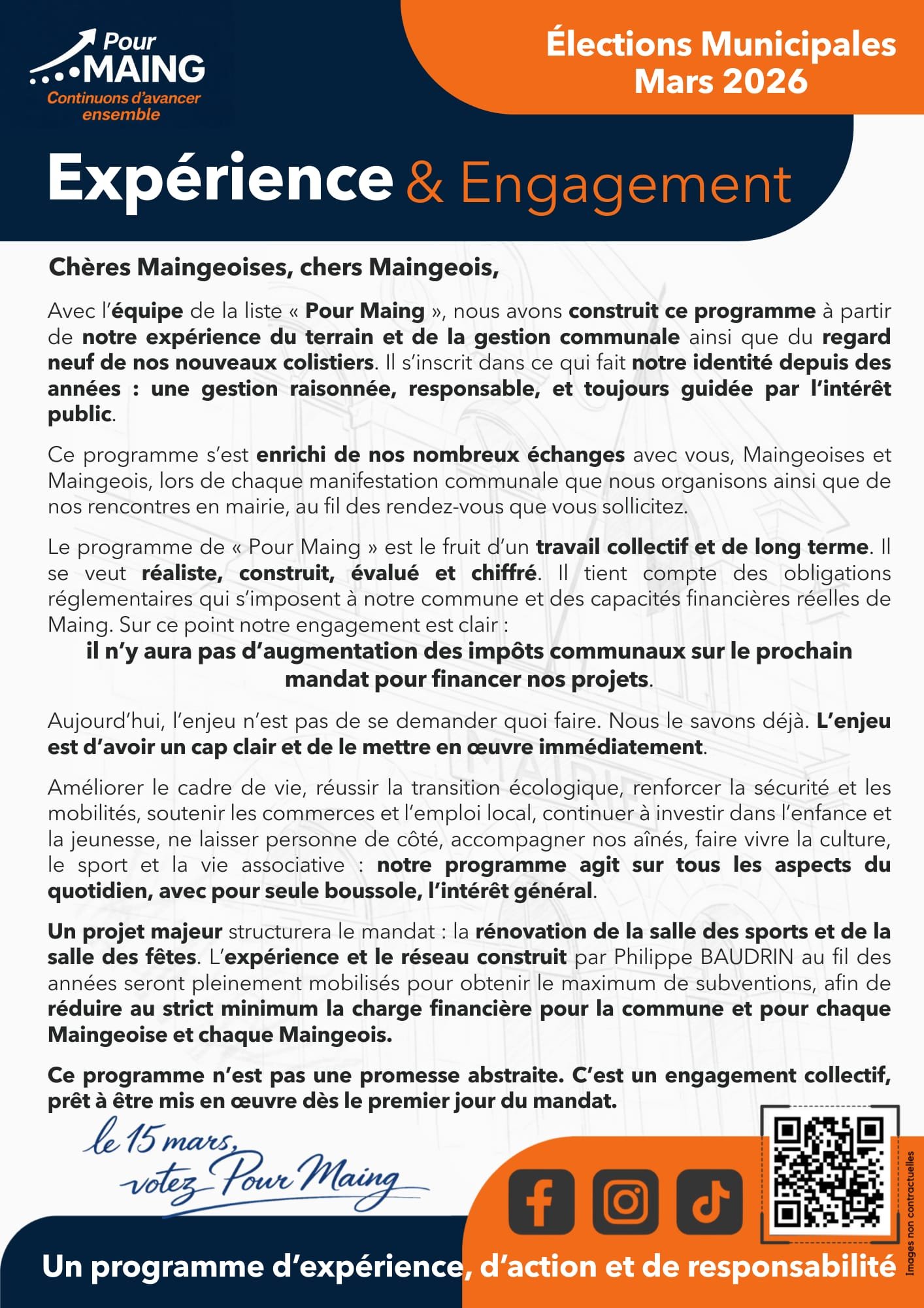 Affiche pour les élections municipales de mars 2026 à Maing, avec un message sur l'expérience et l'engagement, contenant un texte détaillé et des icônes de réseaux sociaux.