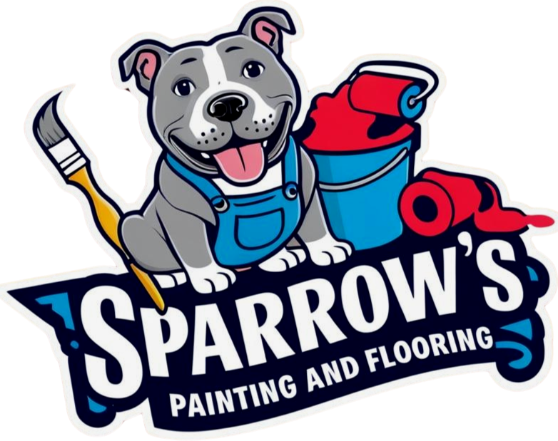 Logo featuring a smiling puppy with a paintbrush in its mouth, beside a paint roller and bucket of red paint, for Sparrow's Painting and Flooring.
