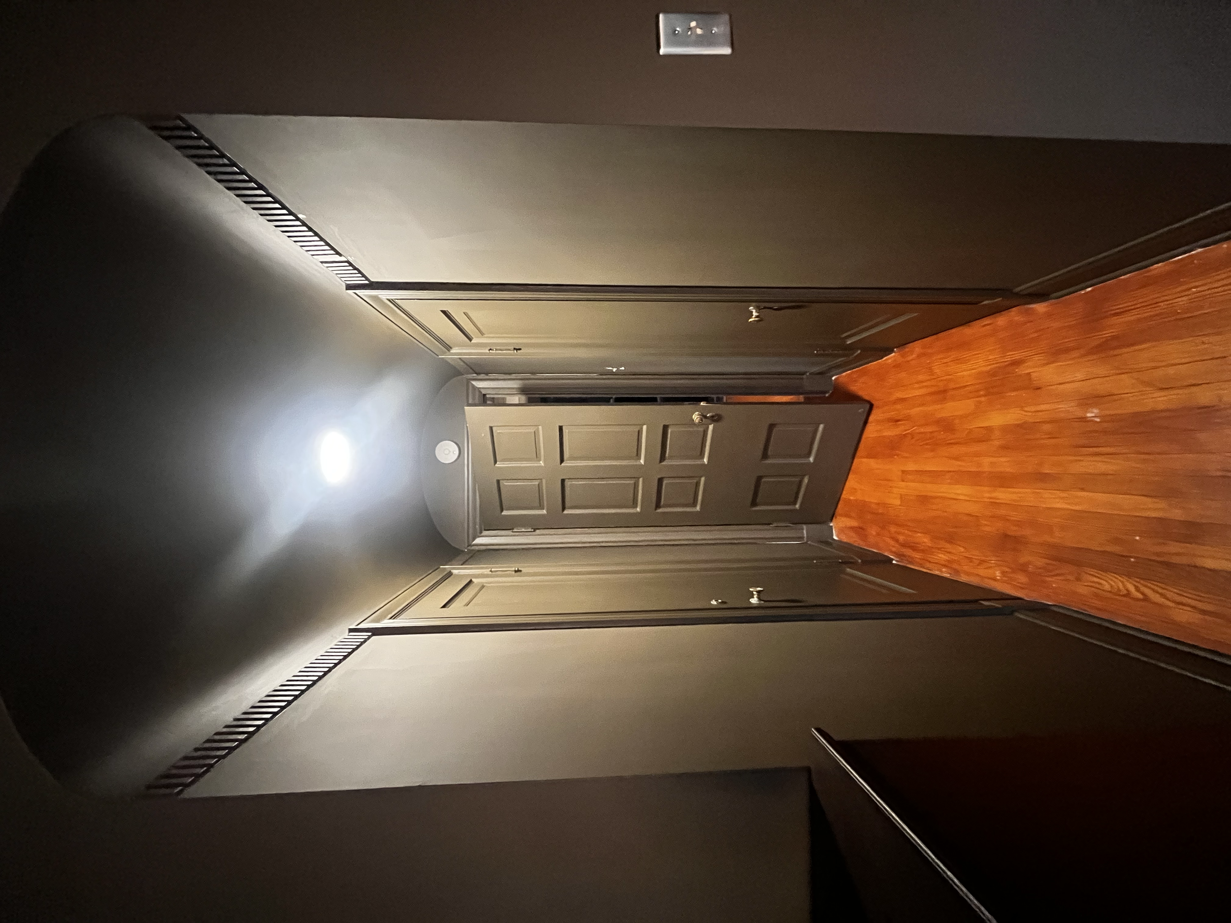 A dimly lit hallway with wooden flooring, gray walls, and a door at the end. The ceiling has a light fixture emitting a bright, diffuse light.