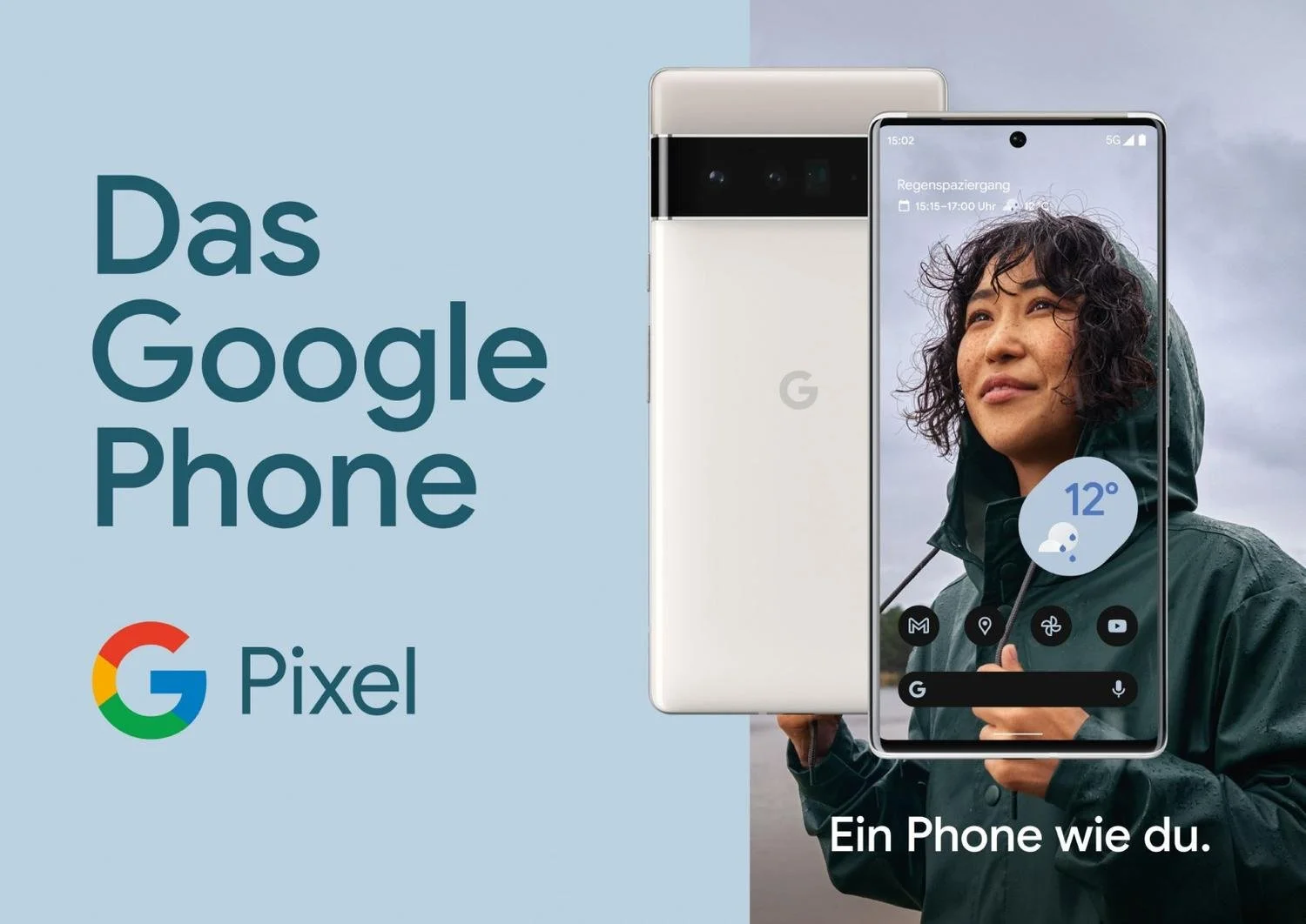 Werbekampagne für das Google Pixel Smartphone, eine Frau hält das Smartphone mit einem digital gezeigten Bildschirm, auf dem Wetter- und App-Icons sichtbar sind, im Hintergrund ein grauer Himmel