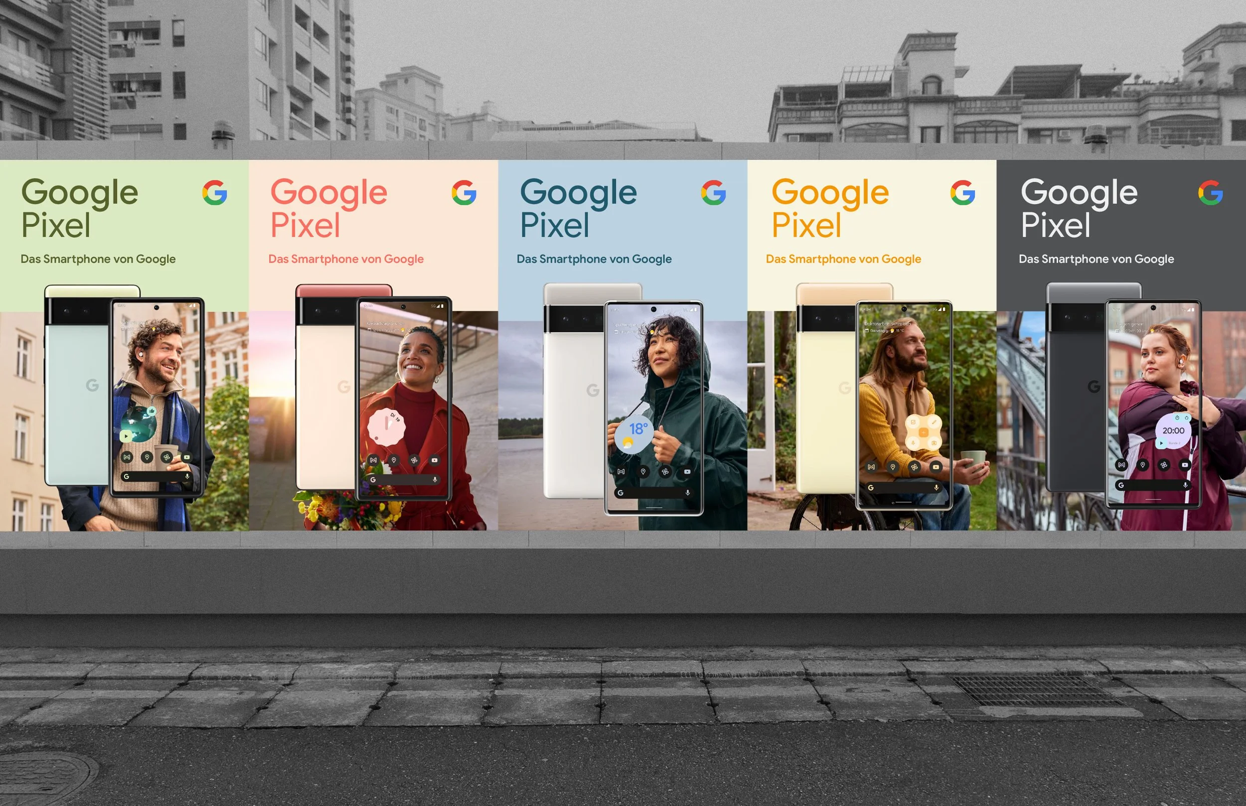 Werbung für die Google Pixel Smartphones, mit fünf verschiedenen Modellen und jeweils einer Person, die das jeweilige Modell hält, vor urbanem Hintergrund.