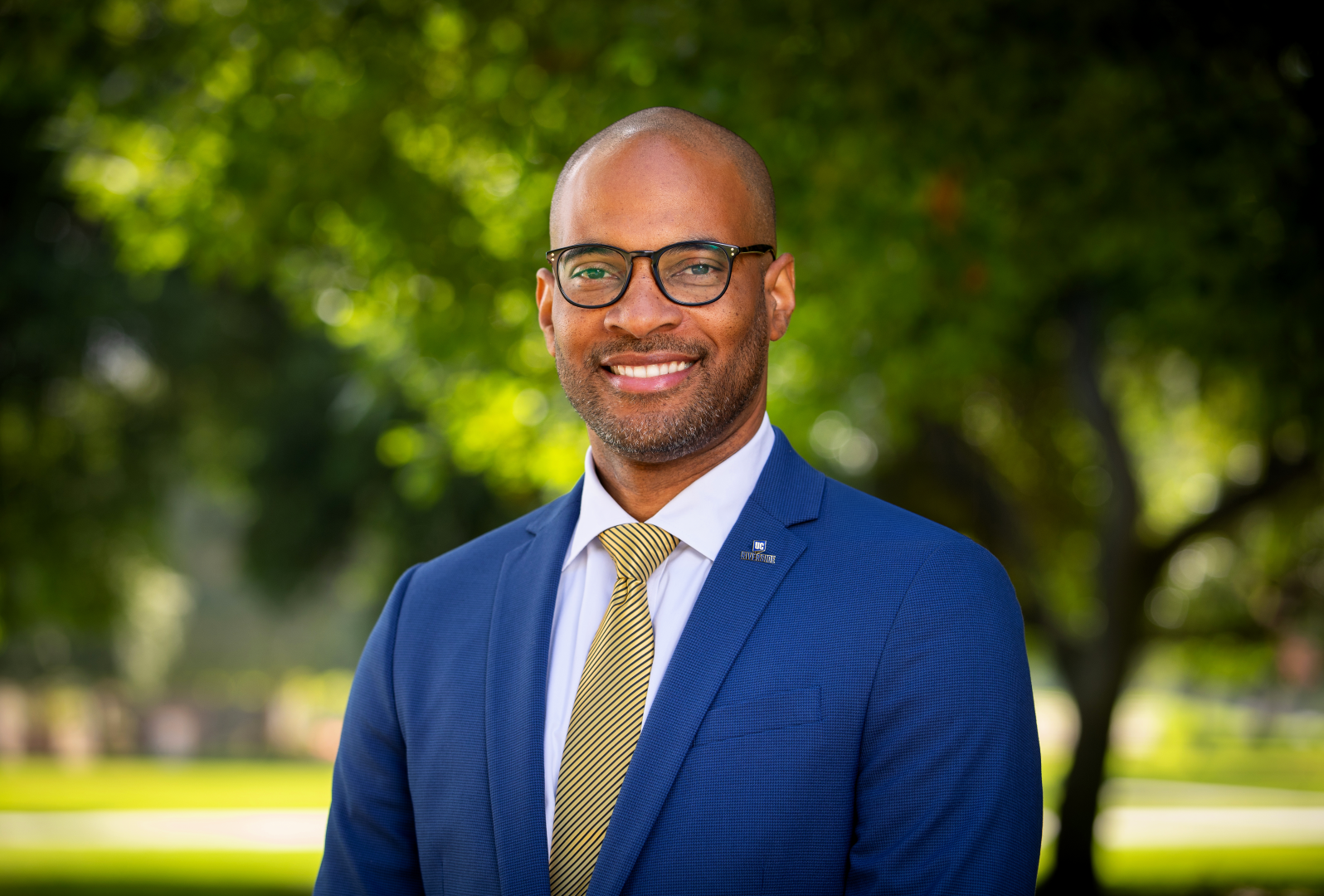 A professional man with glasses and a beard, wearing a blue suit, white shirt, and yellow striped tie, standing outdoors with a blurred green tree background, smiling at the camera.