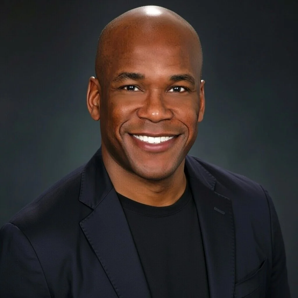 Headshot of a smiling African American man with a shaved head, wearing a dark blazer and black shirt against a dark gradient background.