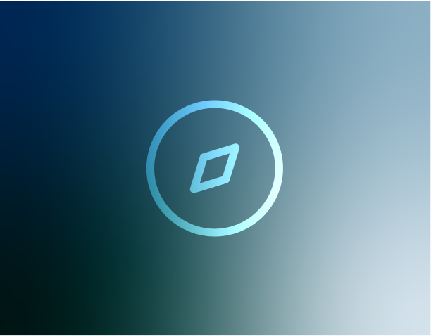 A digital app icon with a blue diamond shape inside a circle, set against a gradient blue background.