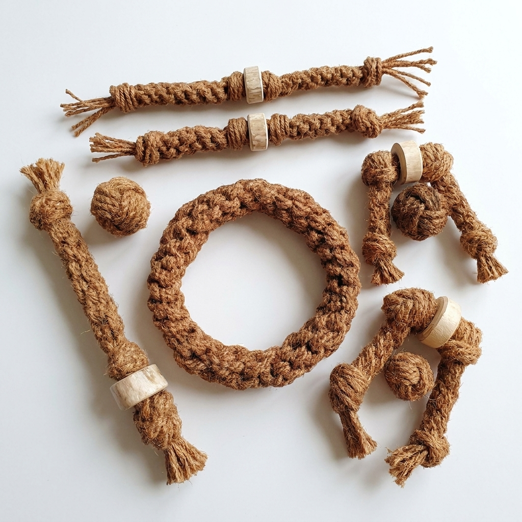 Collection of brown handmade rope jewelry including bracelets and necklaces with wooden bead accents on a white background.