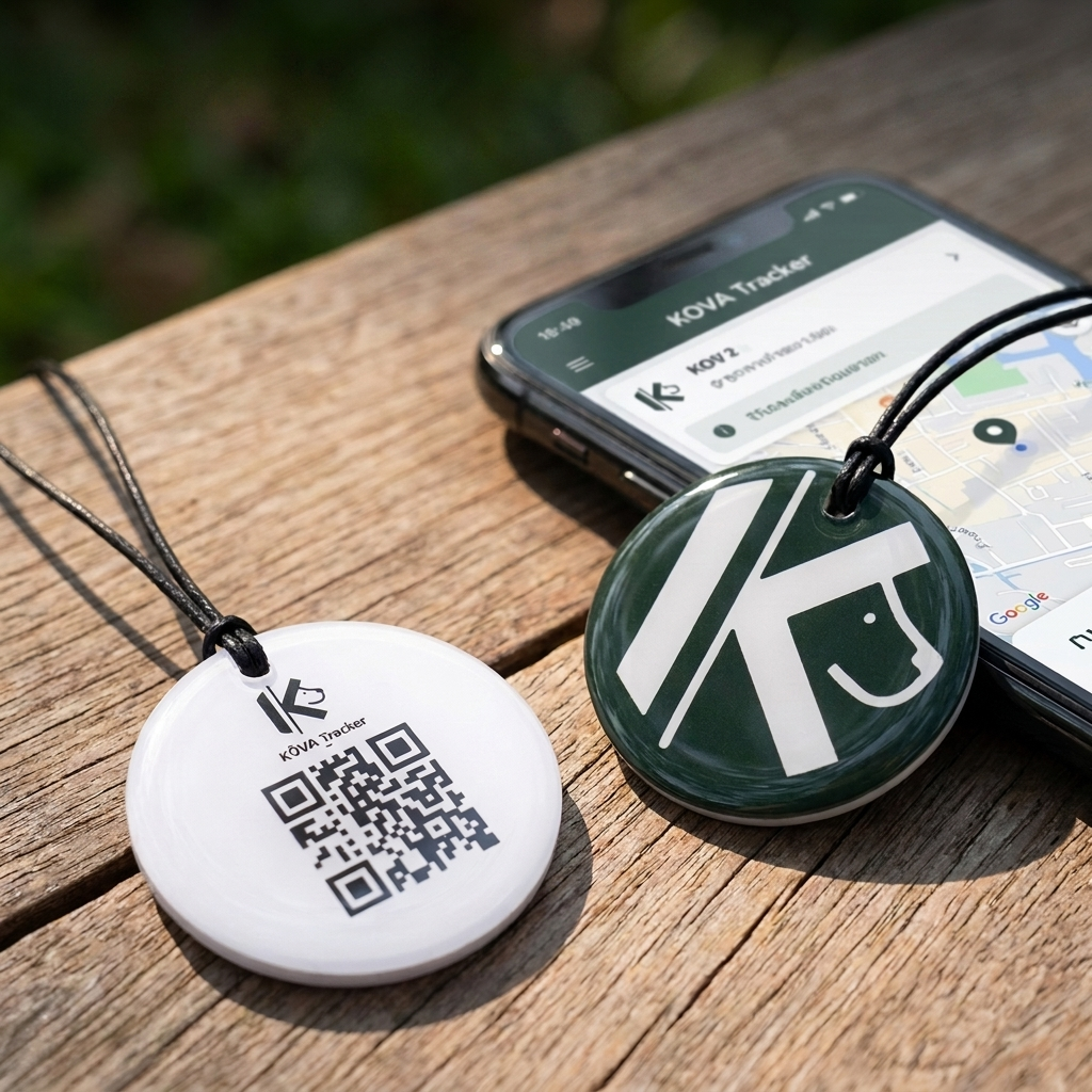 A KOVA Tracker device with a QR code and a logo, lying on a wooden surface next to a smartphone displaying a map with tracking information.