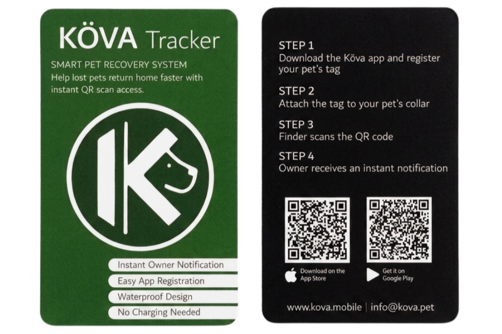Instruction card for KÖVA pet recovery system with QR codes for app download, showing steps to register pet and receive instant owner notification.