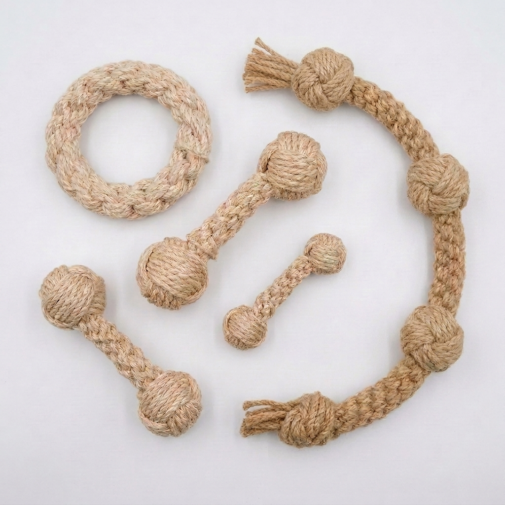 Set of beige knotted rope cat toys including a ring, a stick, and balls, laid out on a white surface.