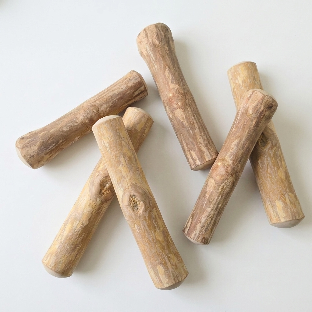 Six wooden dowels on a white surface.