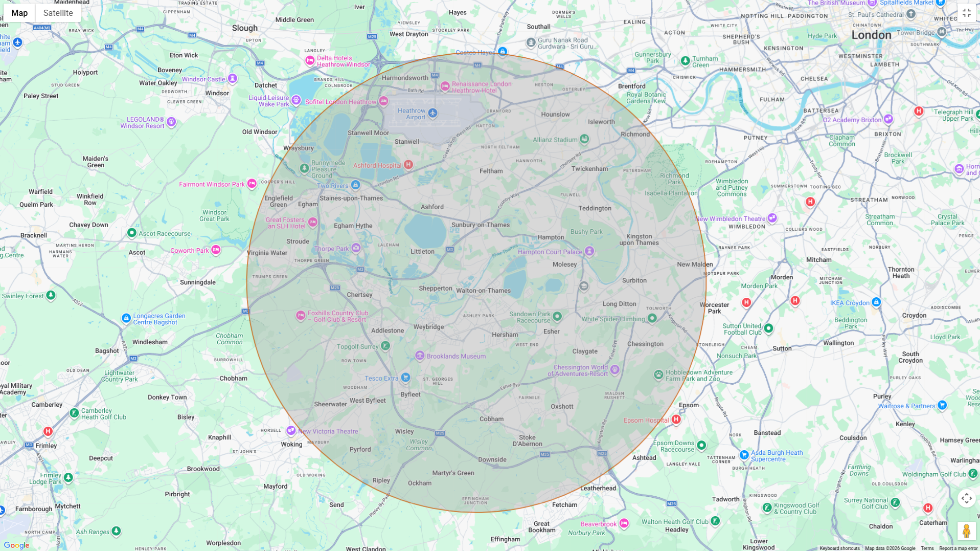 Map of Greater London with a marked radius circle centered around London Heathrow Airport, showing surrounding neighborhoods, parks, and points of interest.