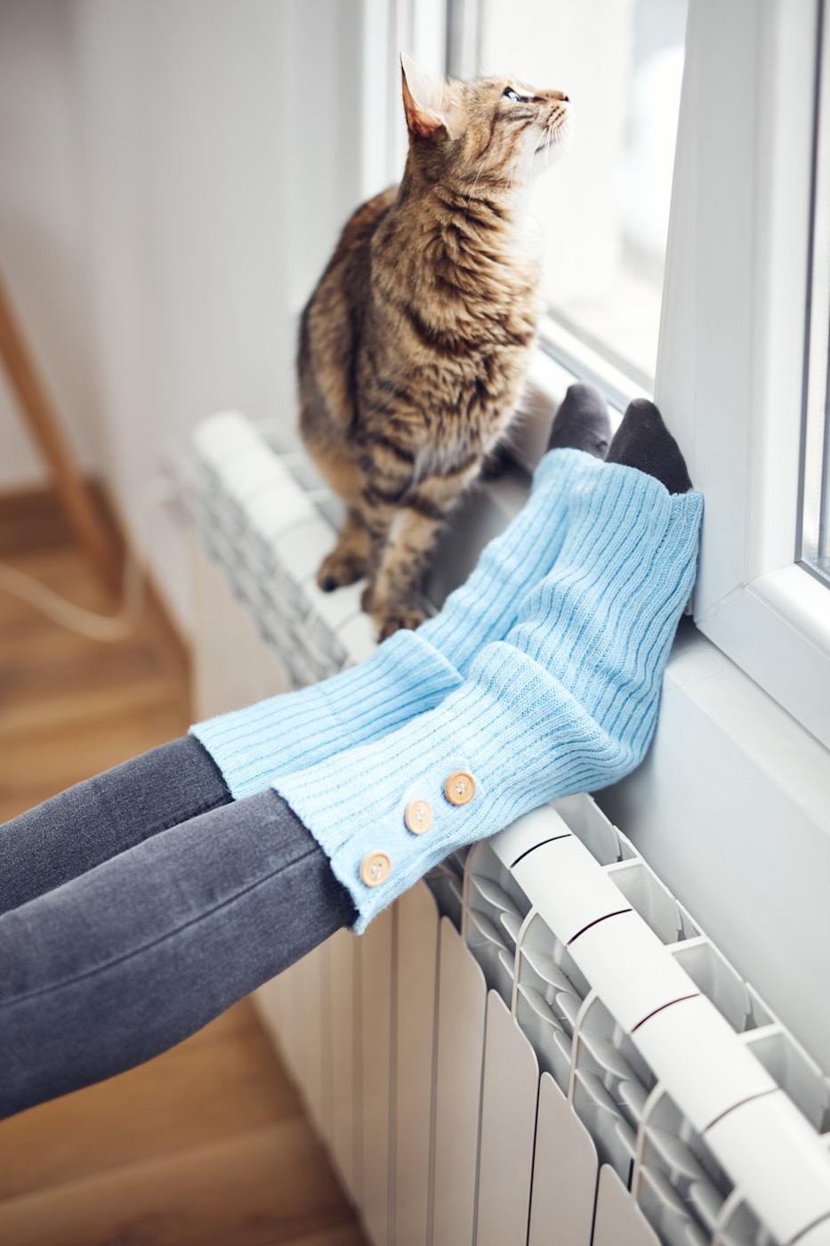 A person in a light blue sweater and dark pants sitting on a windowsill with legs extended, looking out the window, while a brown tabby cat sits nearby looking out the window.