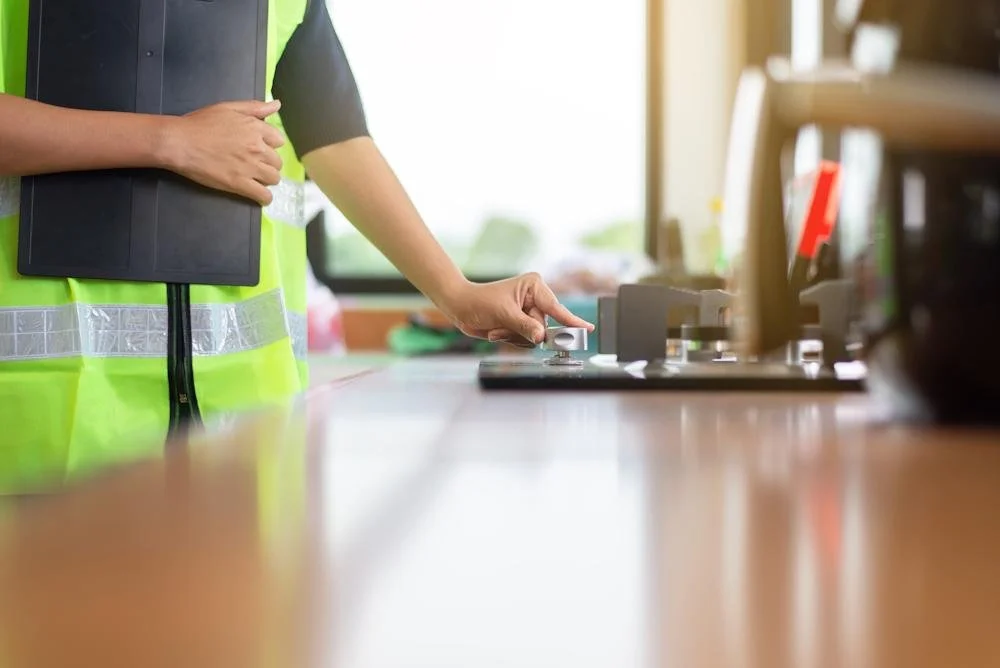 A person wearing a yellow safety vest pointing at a control knob on a gas stove in a well-lit kitchen or workspace.