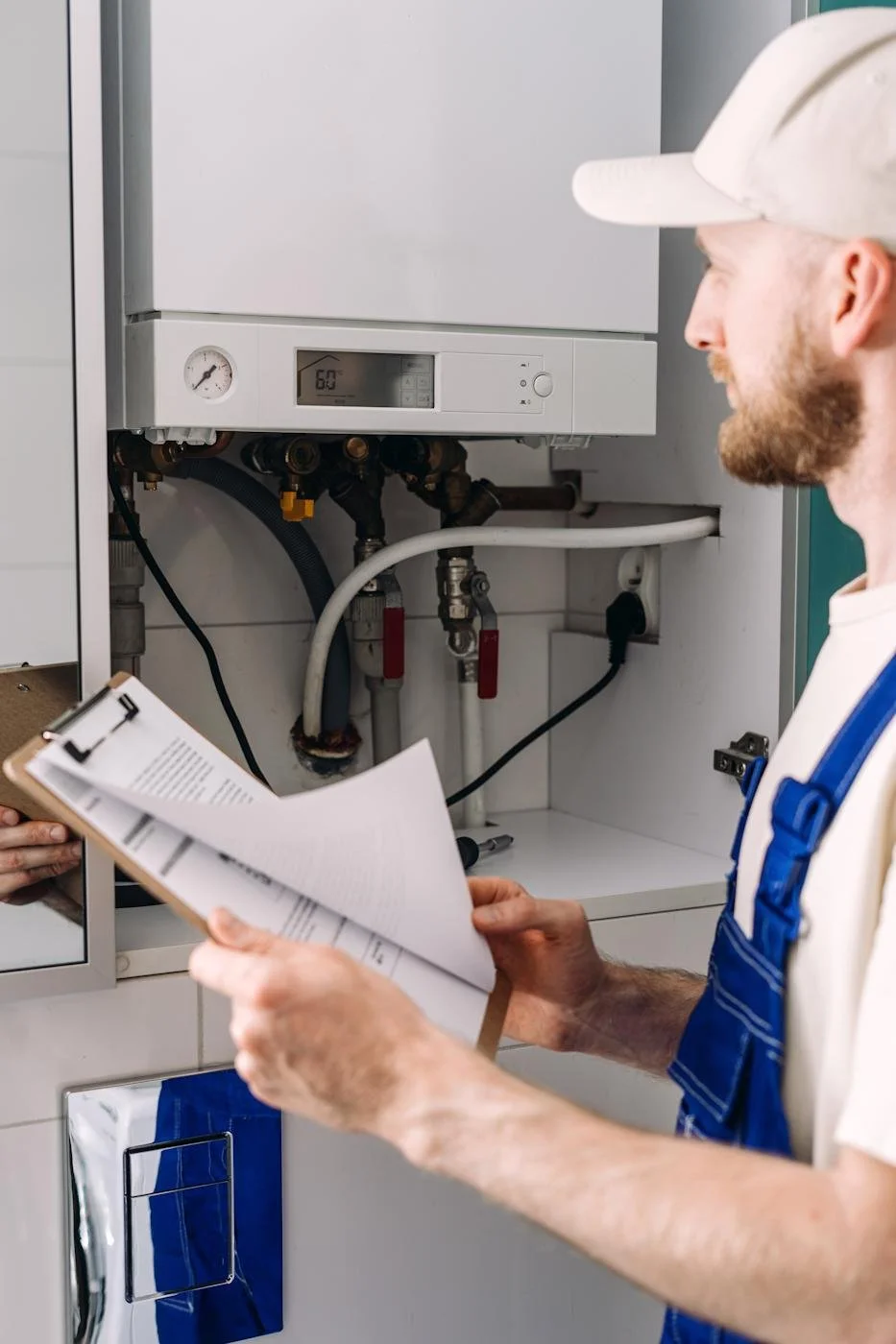 A plumber inspecting a boiler system with pipes and a digital display, holding a clipboard with papers.