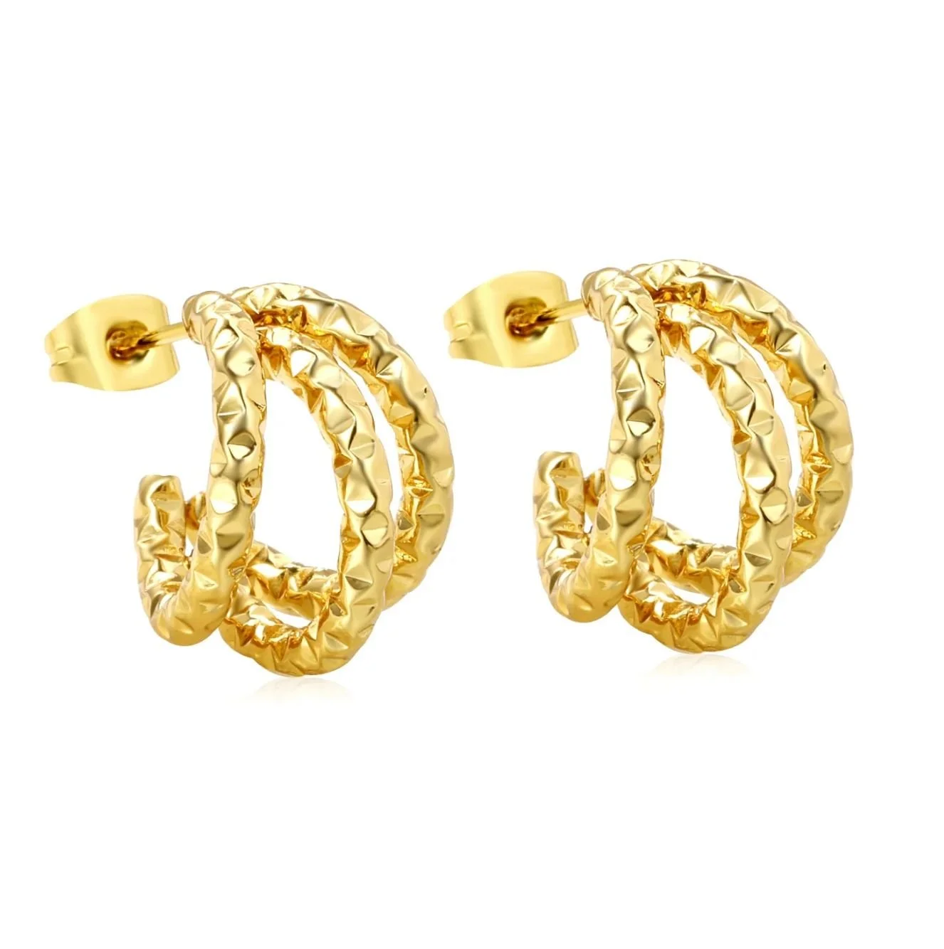 Triple Hoop Textured Gold Earrings
