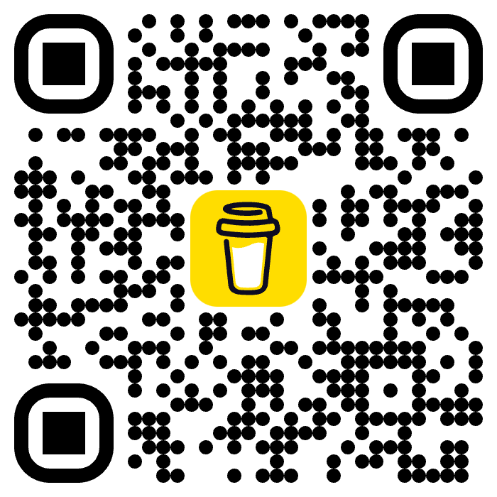 A QR code with a yellow icon of a to-go coffee cup in the center.