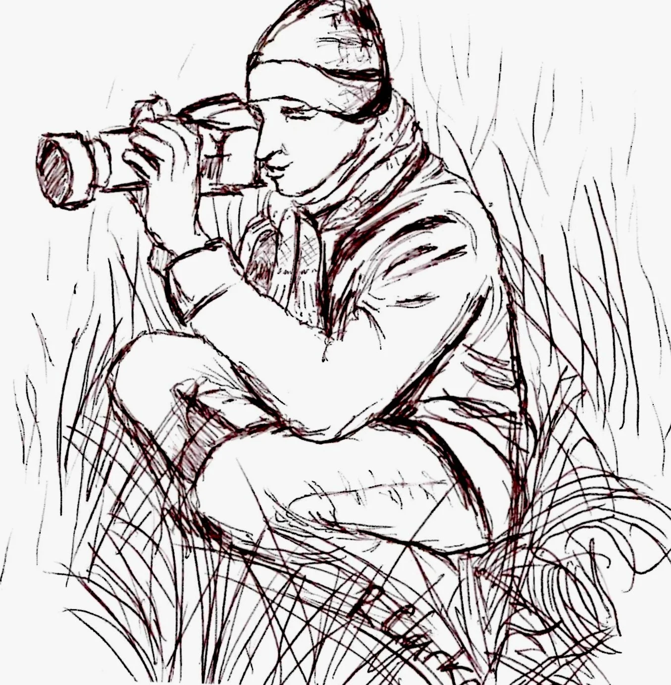 Line drawing of a person sitting cross-legged in grass, wearing a beanie and scarf, looking through a telephoto lens attached to a DSLR camera.