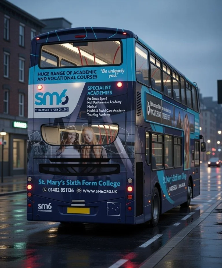 A double-decker bus featuring advertising for St. Mary's Sixth Form College on a wet city street during dusk.