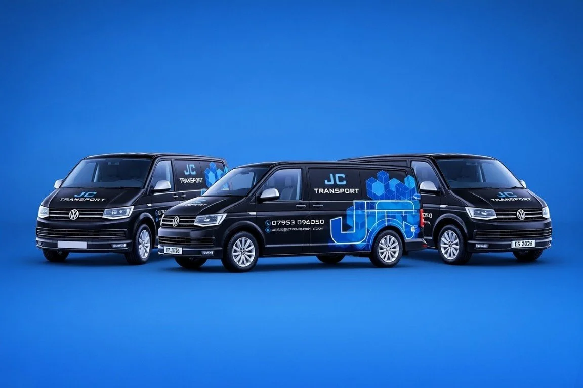 Three black Volkswagen transport vans with JC Transport branding on a blue background.