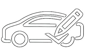 Outline illustration of a car with a pen crossing out or editing it.