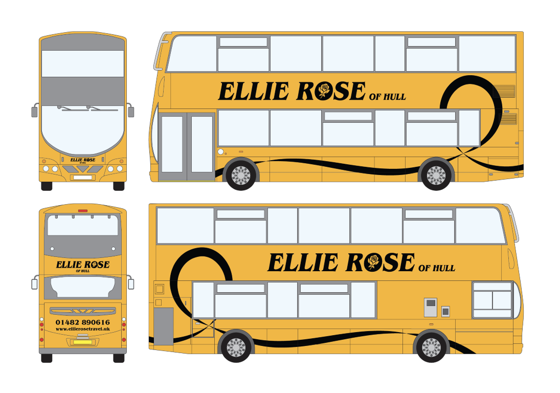 Illustration of two yellow double-decker buses with black typography for Ellie Rose of Hull, showing front and back views from multiple angles.