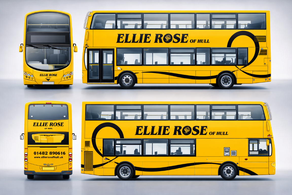 Two yellow double-decker buses with black graphics and text reading "Ellie Rose of Hull" on both sides. The buses are viewed from the front, back, and side, showcasing their design and contact information.
