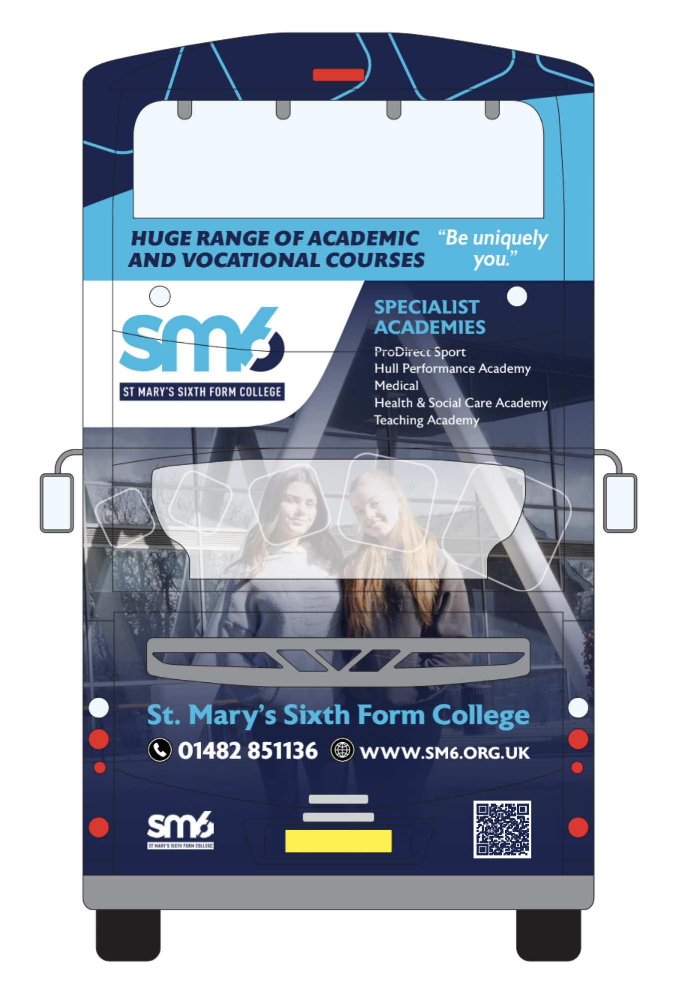 Advertisement for St. Mary's Sixth Form College on the back of a bus, featuring college courses, contact info, and an image of two students.