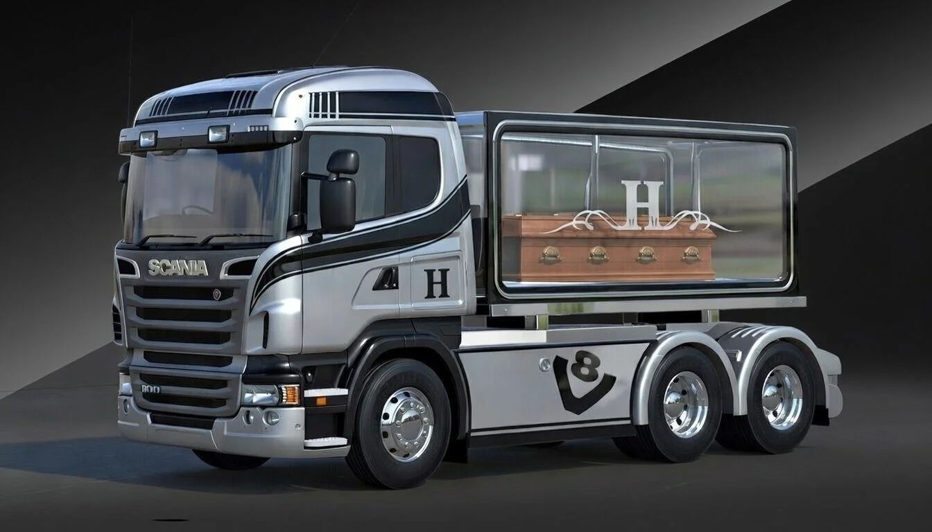 A modern semi-truck with a silver cab and a glass display case on the back, featuring a wooden box with an ornate design and decorative white scrolls, with the letter 'H' displayed on the case and the side of the truck.